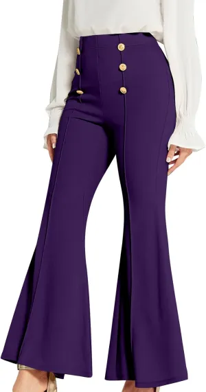 TANGNADE Women's High Waisted Double Breasted Elastic Flared Dress Pants Casual Work Pants Trendy Trouser Suit Pants