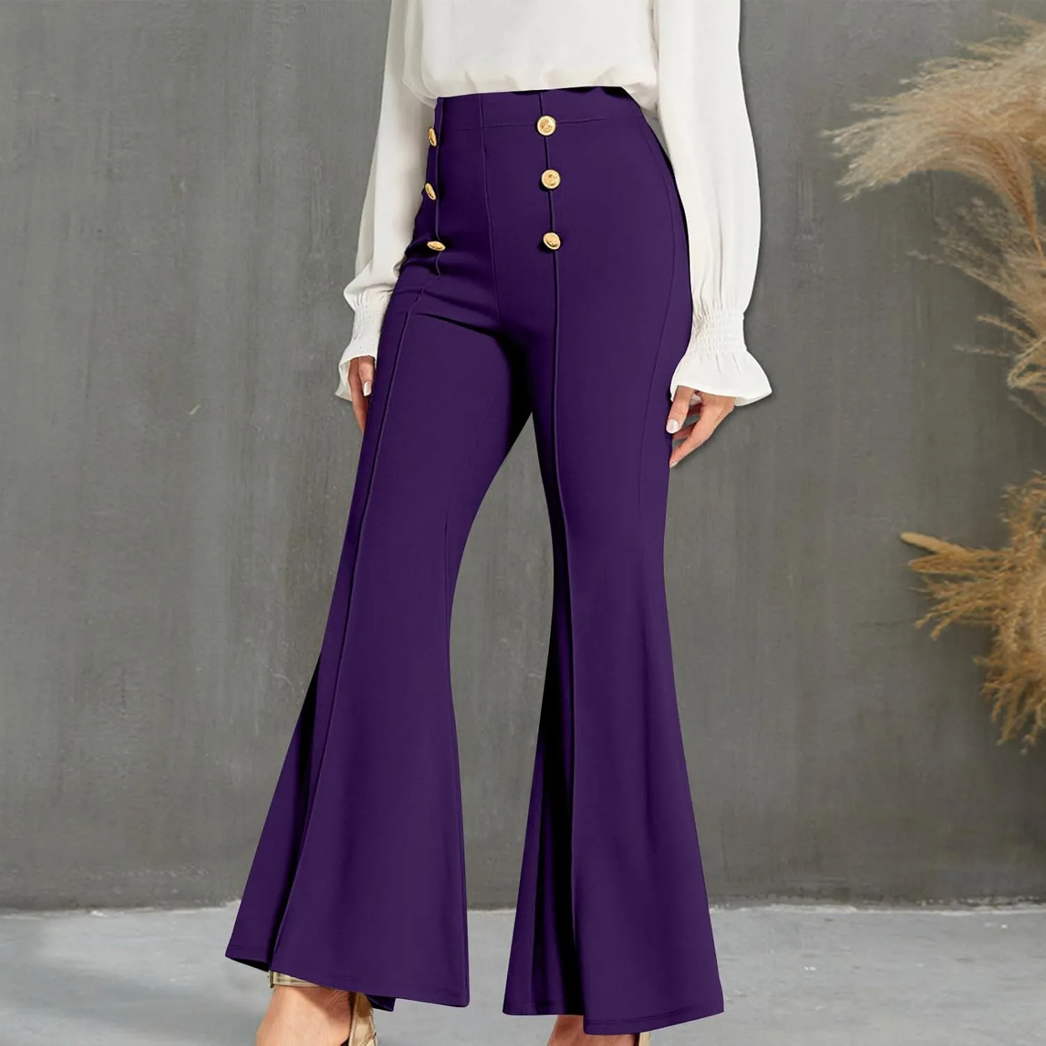 TANGNADE Women's High Waisted Double Breasted Elastic Flared Dress Pants Casual Work Pants Trendy Trouser Suit Pants