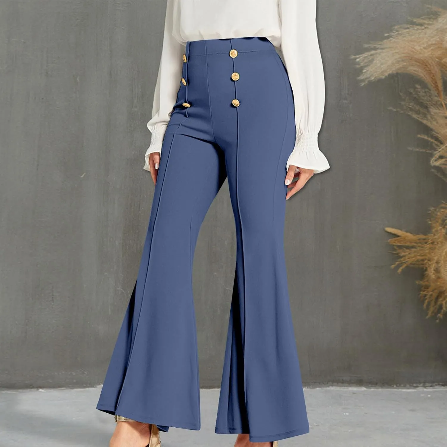 TANGNADE Women's High Waisted Double Breasted Elastic Flared Dress Pants Casual Work Pants Trendy Trouser Suit Pants