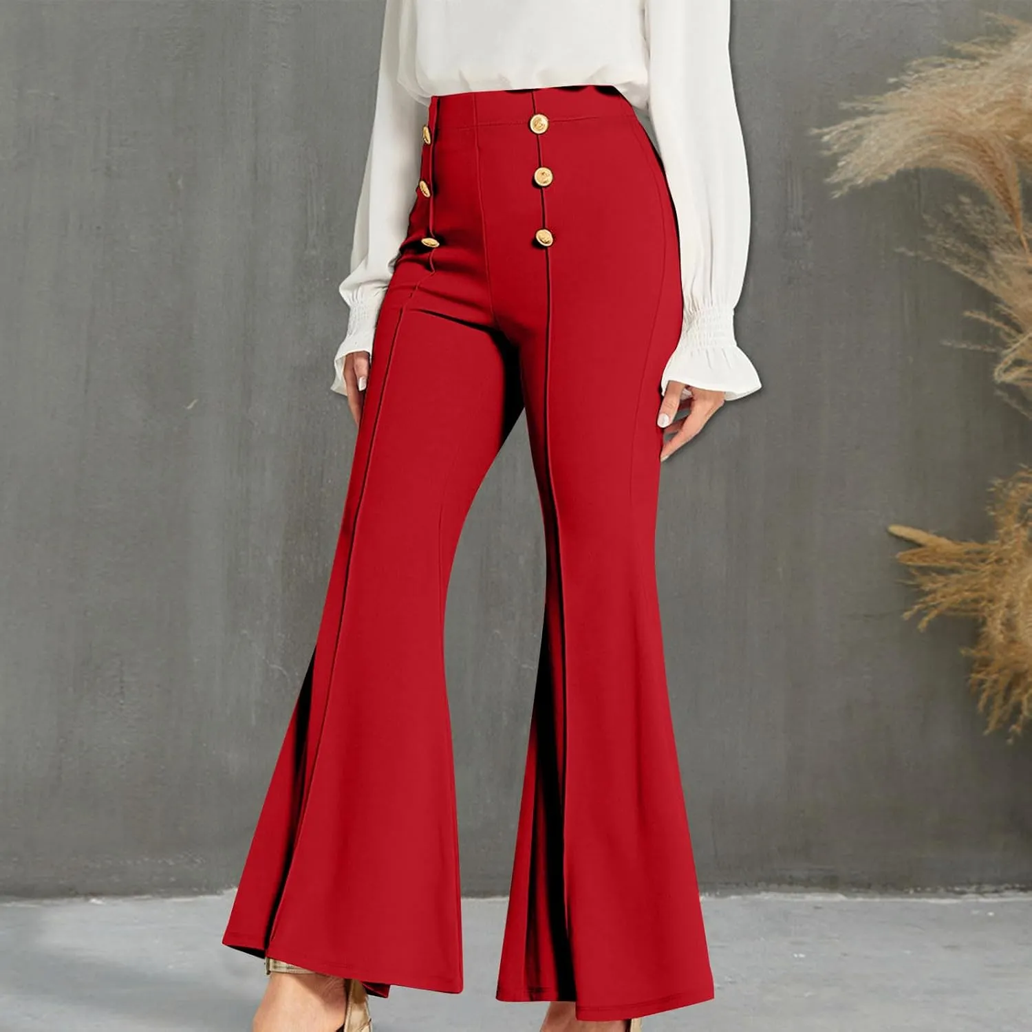 TANGNADE Women's High Waisted Double Breasted Elastic Flared Dress Pants Casual Work Pants Trendy Trouser Suit Pants