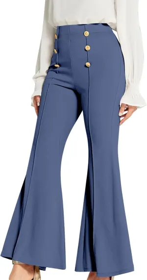 TANGNADE Women's High Waisted Double Breasted Elastic Flared Dress Pants Casual Work Pants Trendy Trouser Suit Pants