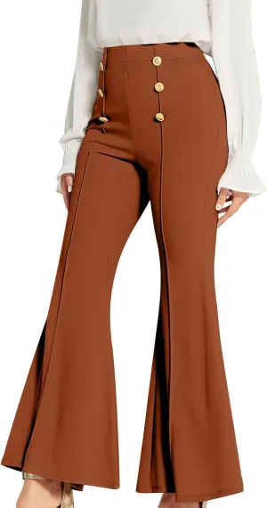 TANGNADE Women's High Waisted Double Breasted Elastic Flared Dress Pants Casual Work Pants Trendy Trouser Suit Pants