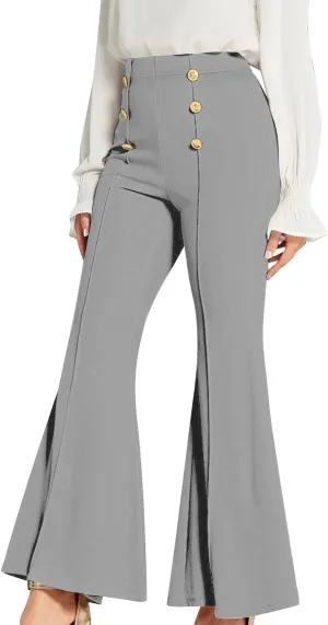 TANGNADE Women's High Waisted Double Breasted Elastic Flared Dress Pants Casual Work Pants Trendy Trouser Suit Pants