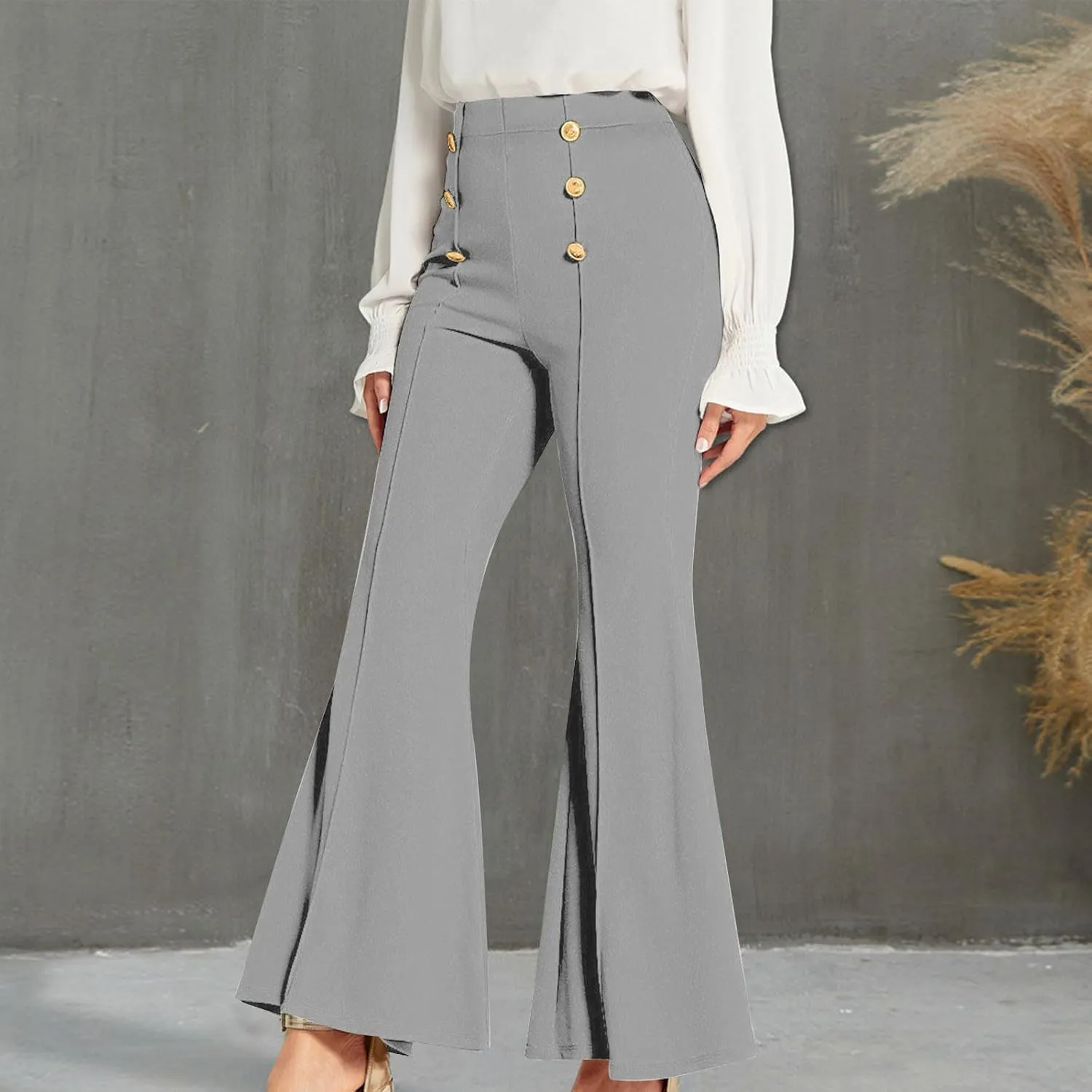 TANGNADE Women's High Waisted Double Breasted Elastic Flared Dress Pants Casual Work Pants Trendy Trouser Suit Pants