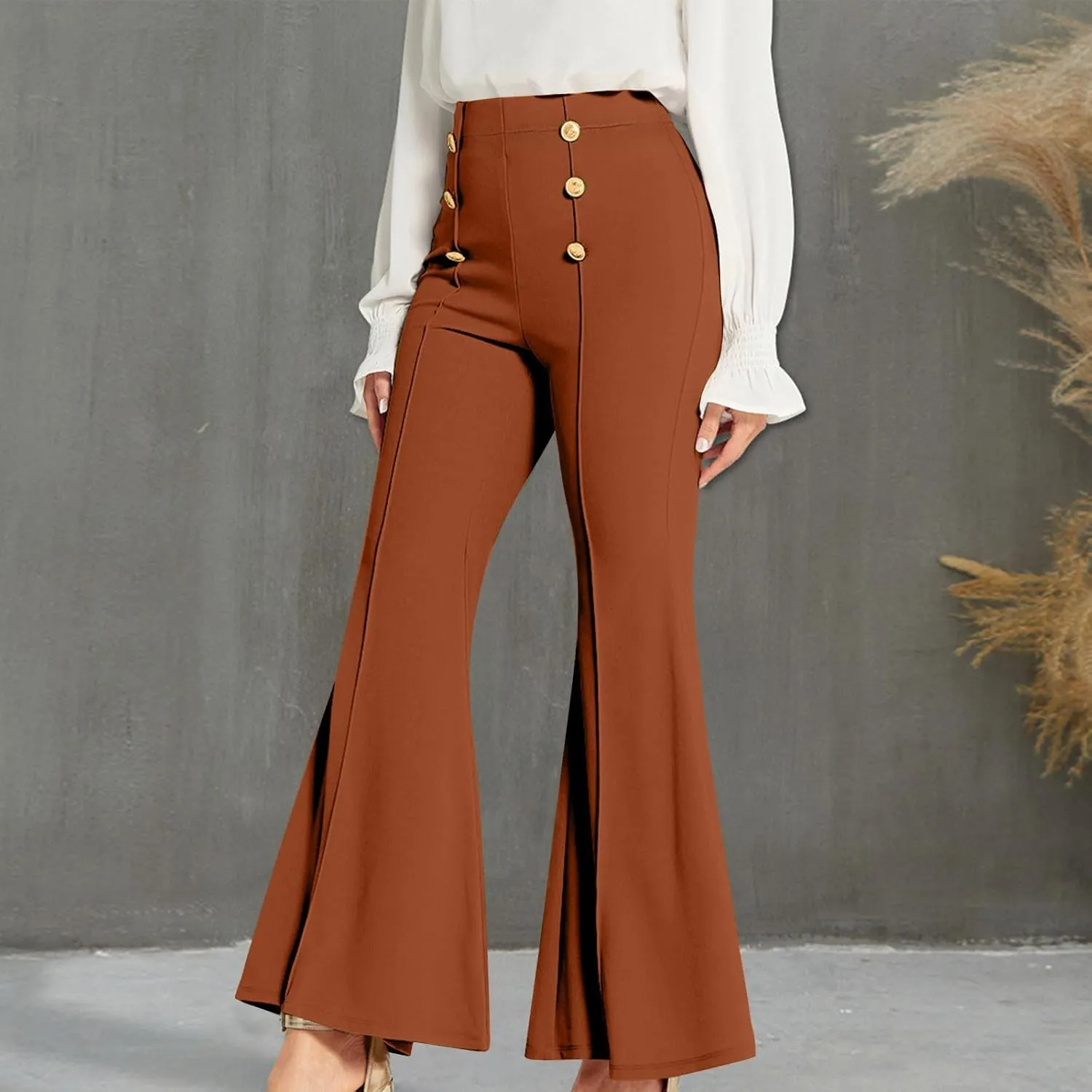 TANGNADE Women's High Waisted Double Breasted Elastic Flared Dress Pants Casual Work Pants Trendy Trouser Suit Pants