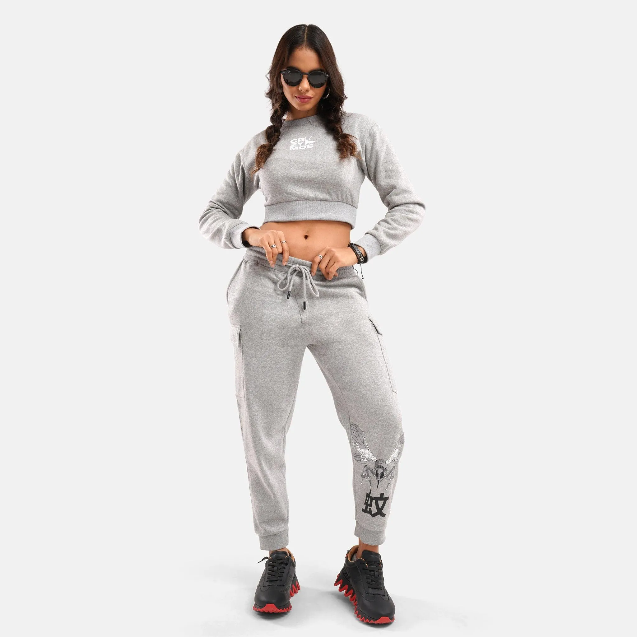 Unrestricted Cropped Fleece Sweat in Grey Melange