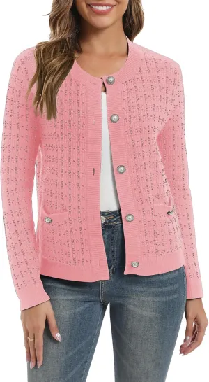 Urban CoCo Women's Open Front Button Down Knit Cropped Cardigan Casual Long Sleeve Sweater Jacket