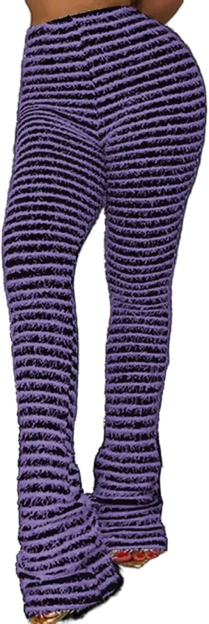 Vakkest Women's Striped Knitted Stacked Leggings Pants Hip Lifting Casual Streetwear Trousers Y2K Fluffy Jogger Sweatpants