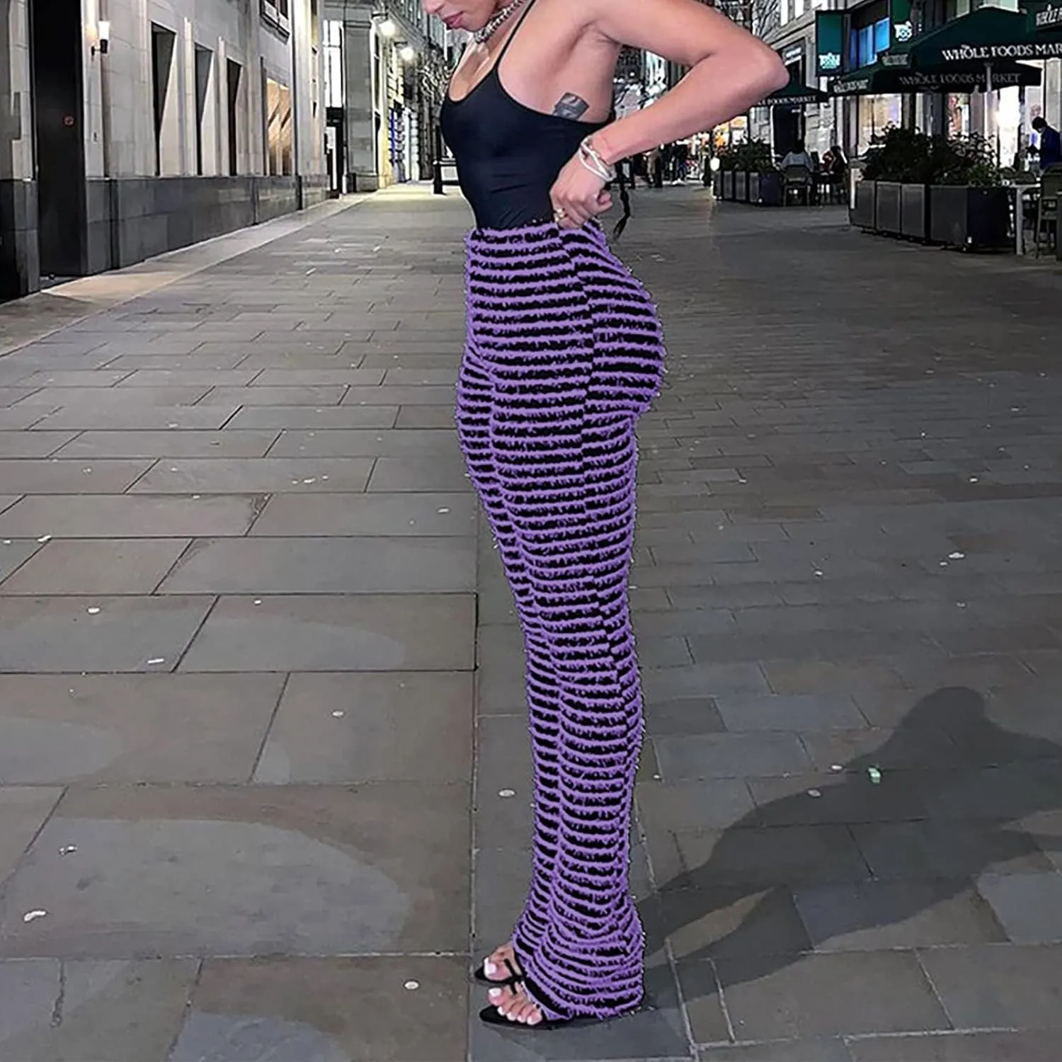 Vakkest Women's Striped Knitted Stacked Leggings Pants Hip Lifting Casual Streetwear Trousers Y2K Fluffy Jogger Sweatpants