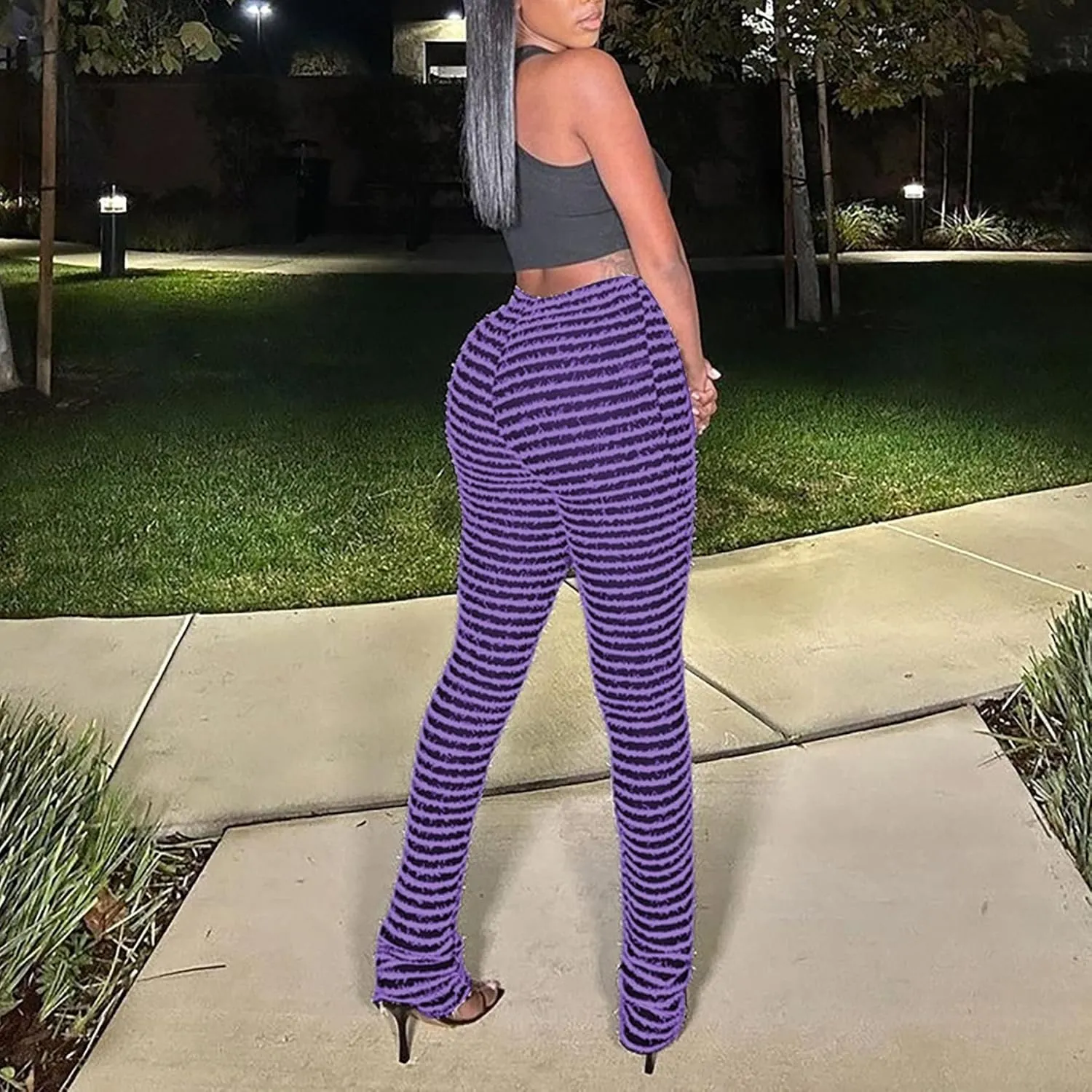 Vakkest Women's Striped Knitted Stacked Leggings Pants Hip Lifting Casual Streetwear Trousers Y2K Fluffy Jogger Sweatpants