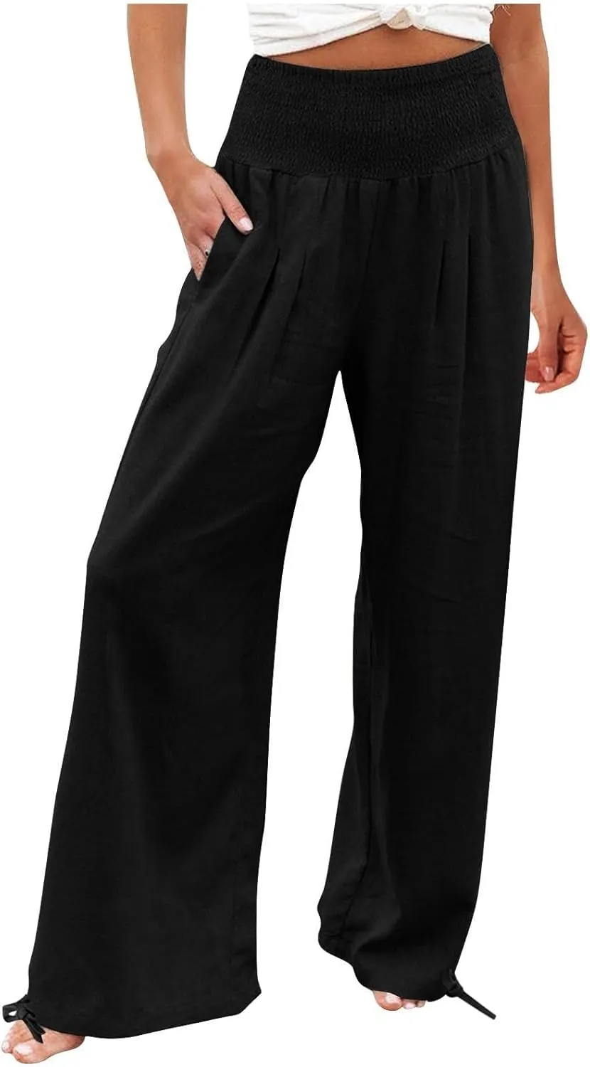 Wide Leg Linen Pants for Women 2025 Summer Loose Wide Leg Palazzo Pants Spring High Waist Flowy Beach Trousers Outfits
