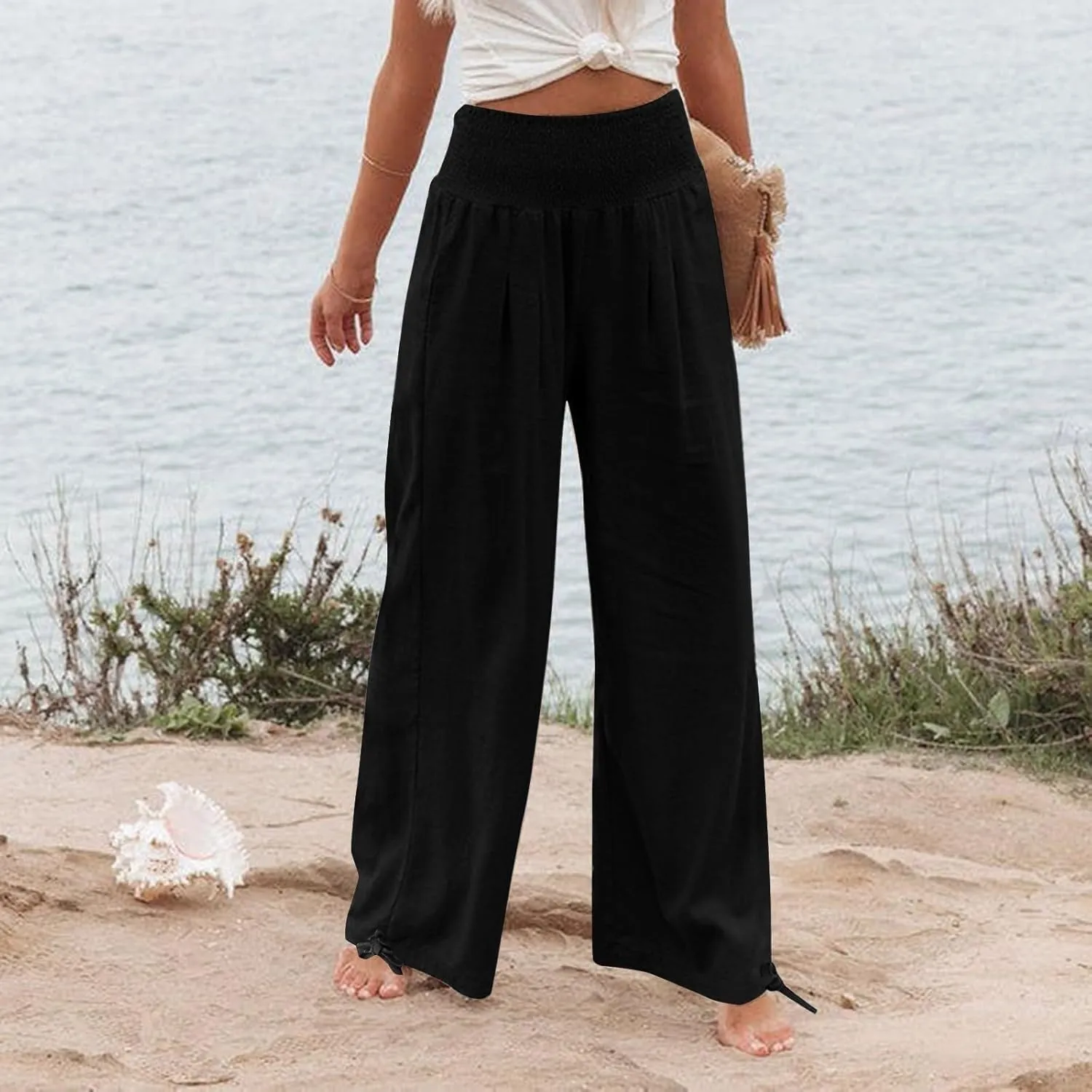 Wide Leg Linen Pants for Women 2025 Summer Loose Wide Leg Palazzo Pants Spring High Waist Flowy Beach Trousers Outfits