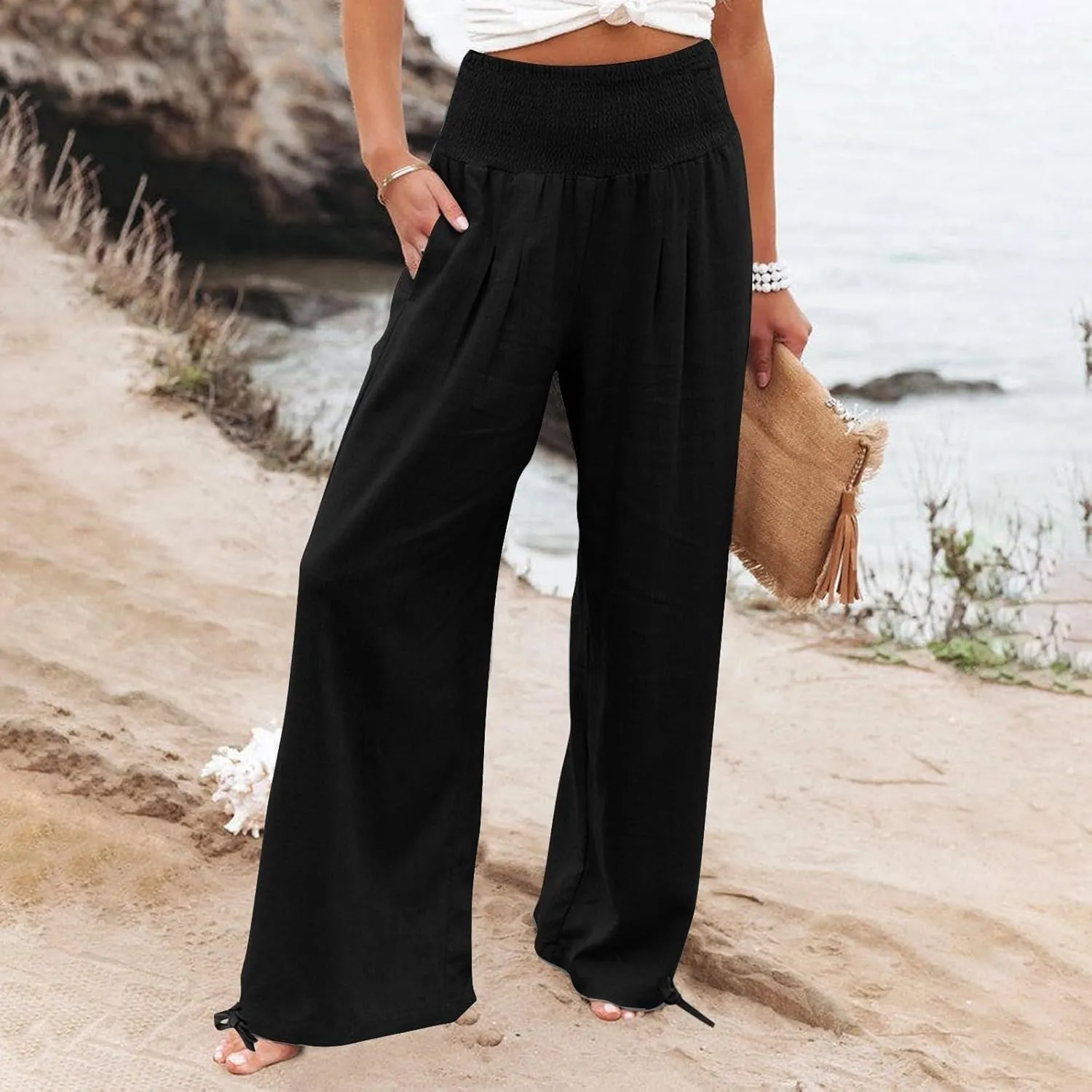 Wide Leg Linen Pants for Women 2025 Summer Loose Wide Leg Palazzo Pants Spring High Waist Flowy Beach Trousers Outfits