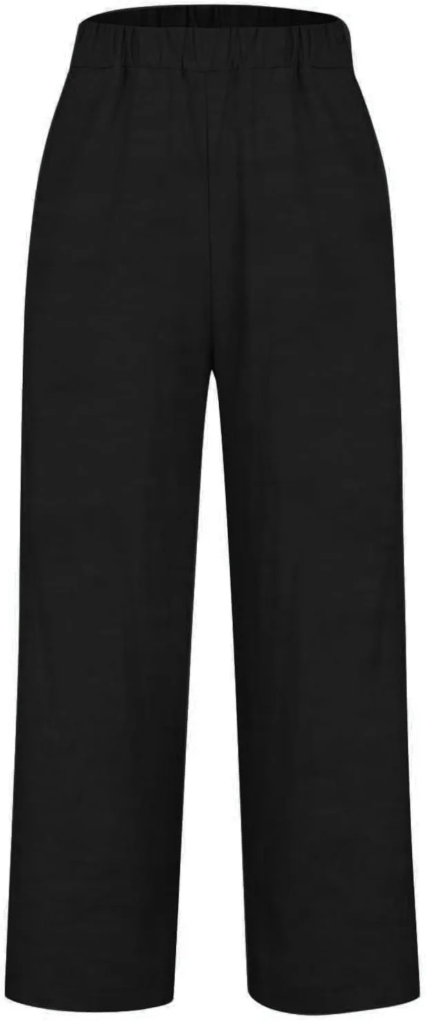 Wide Leg Linen Pants for Women Casual Summer Elastic High Waisted Palazzo Pants Flowy Cropped Trousers with Pockets
