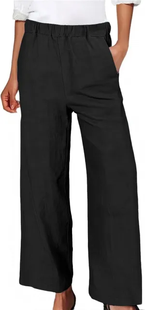 Wide Leg Linen Pants for Women Casual Summer Elastic High Waisted Palazzo Pants Flowy Cropped Trousers with Pockets