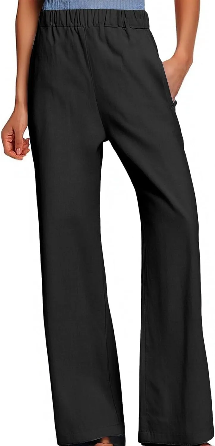 Wide Leg Linen Pants for Women Casual Summer Elastic High Waisted Palazzo Pants Flowy Cropped Trousers with Pockets