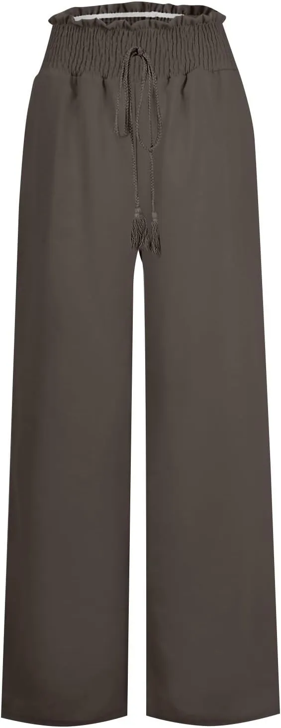 Wide Leg Linen Pants for Women Trendy 2024 Casual Summer High Waist Drawstring Pants Loose Beach Trousers