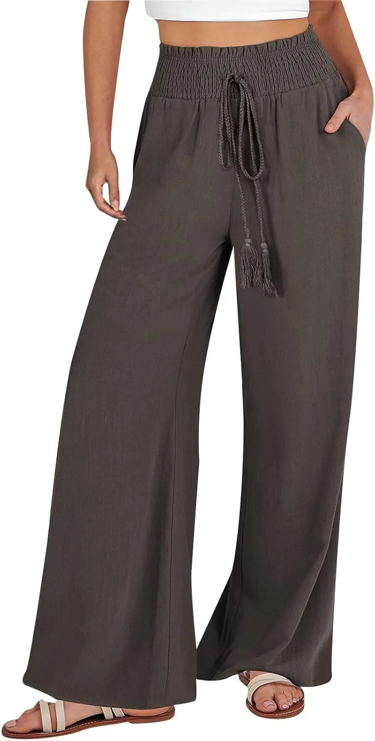 Wide Leg Linen Pants for Women Trendy 2024 Casual Summer High Waist Drawstring Pants Loose Beach Trousers