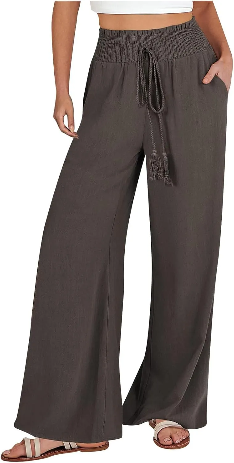 Wide Leg Linen Pants for Women Trendy 2024 Casual Summer High Waist Drawstring Pants Loose Beach Trousers