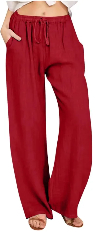 Wide Leg Pants for Women Drawstring Waist Lightweight Summer Pant with Pocket Baggy Cotton Linen Palazzo Trousers