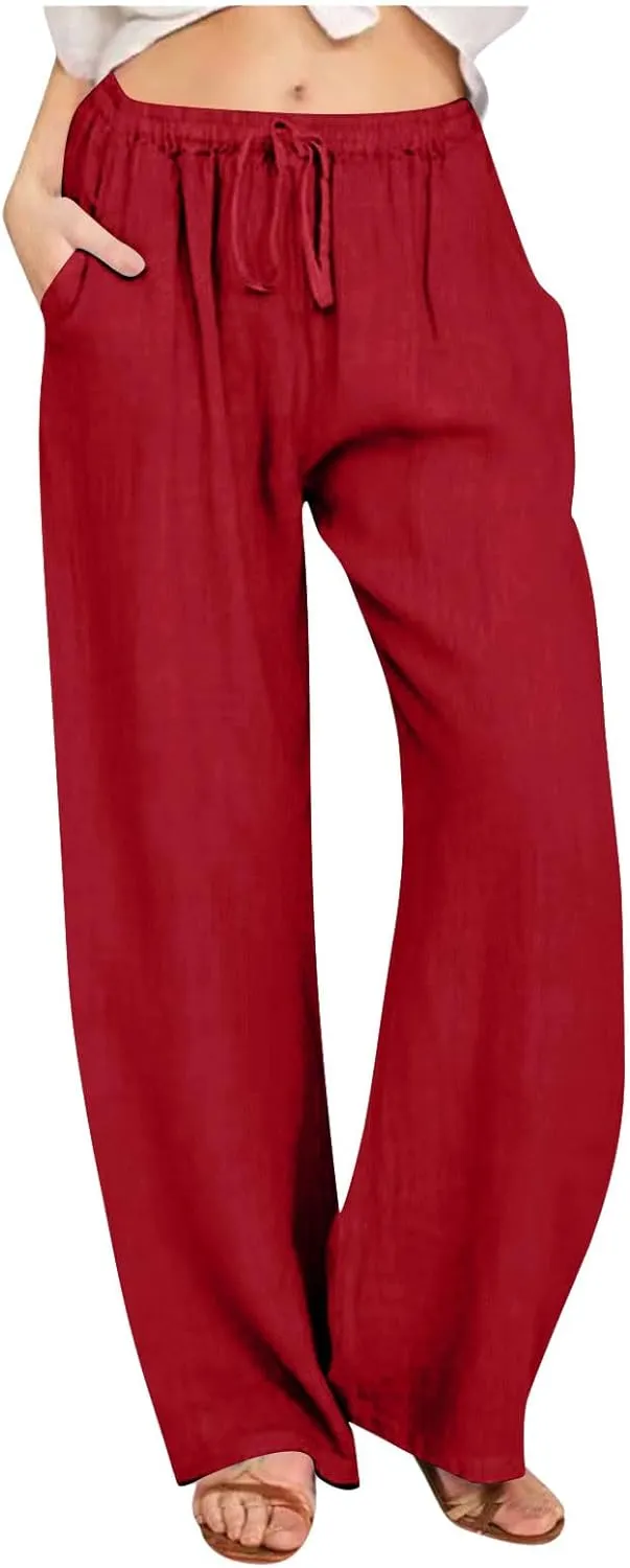 Wide Leg Pants for Women Drawstring Waist Lightweight Summer Pant with Pocket Baggy Cotton Linen Palazzo Trousers