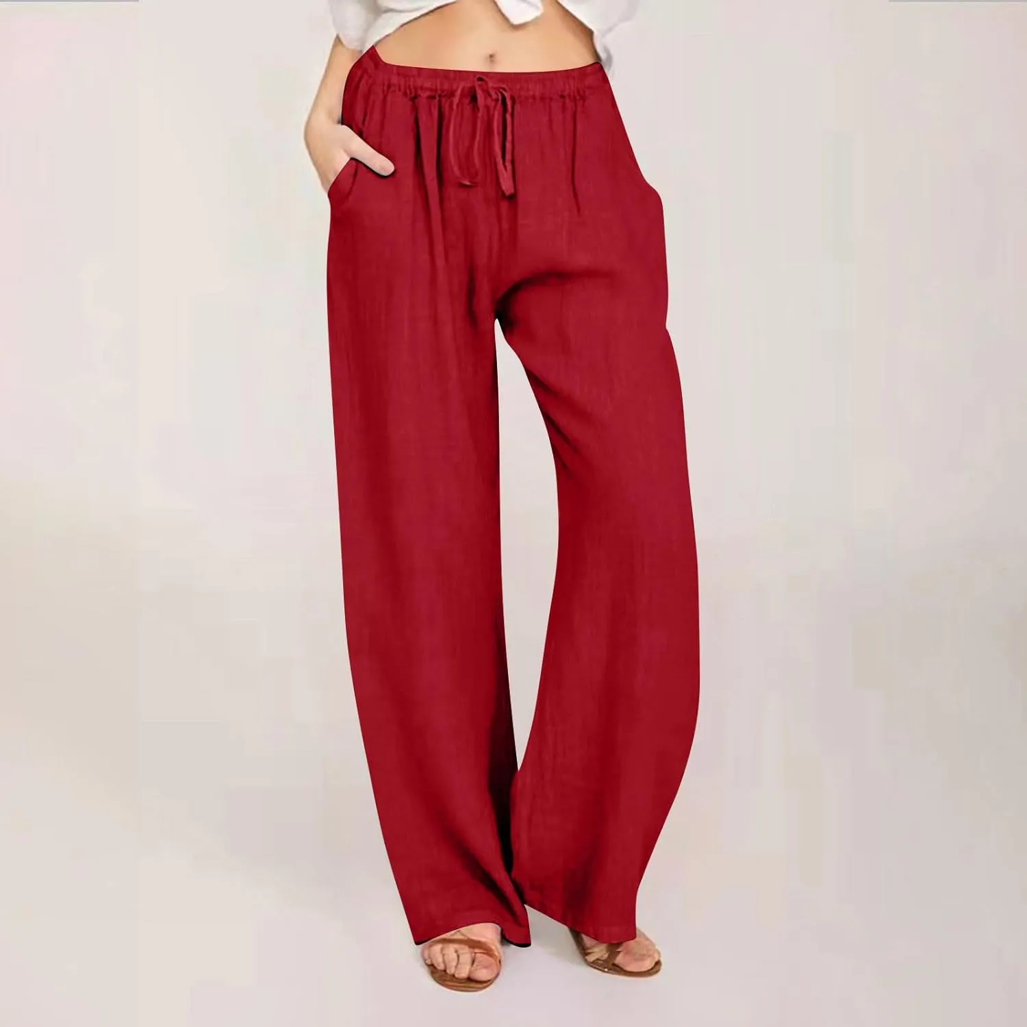 Wide Leg Pants for Women Drawstring Waist Lightweight Summer Pant with Pocket Baggy Cotton Linen Palazzo Trousers