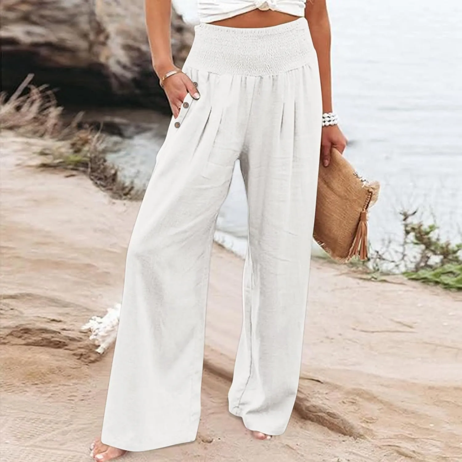 Wide Leg Pants Women Comfy Flowy Cotton and Linen Trousers Summer High Waisted Straight Palazzo Pants with Pockets 2024