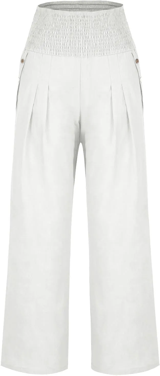 Wide Leg Pants Women Comfy Flowy Cotton and Linen Trousers Summer High Waisted Straight Palazzo Pants with Pockets 2024
