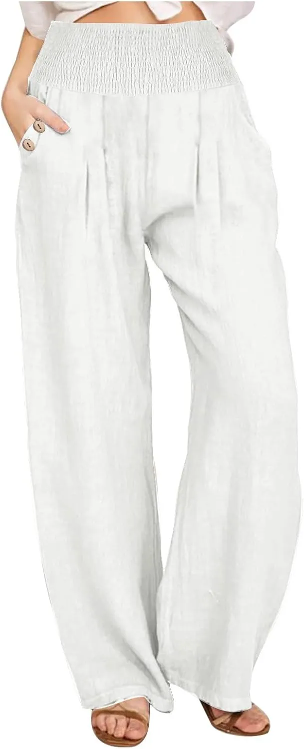 Wide Leg Pants Women Comfy Flowy Cotton and Linen Trousers Summer High Waisted Straight Palazzo Pants with Pockets 2024