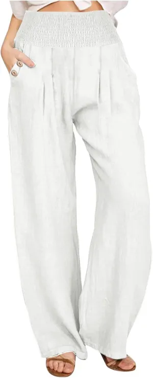 Wide Leg Pants Women Comfy Flowy Cotton and Linen Trousers Summer High Waisted Straight Palazzo Pants with Pockets 2024