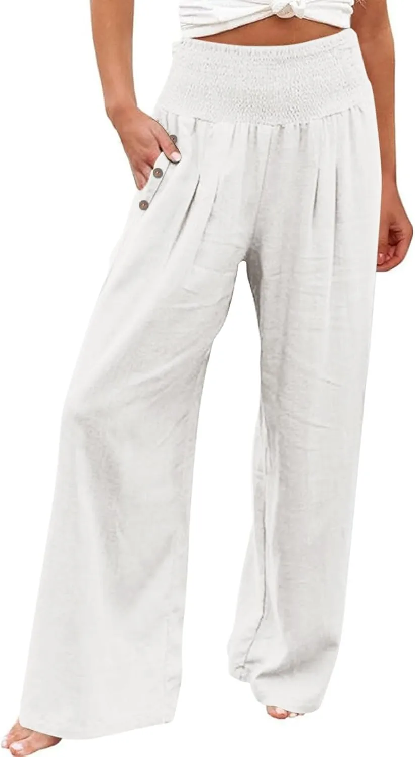 Wide Leg Pants Women Comfy Flowy Cotton and Linen Trousers Summer High Waisted Straight Palazzo Pants with Pockets 2024