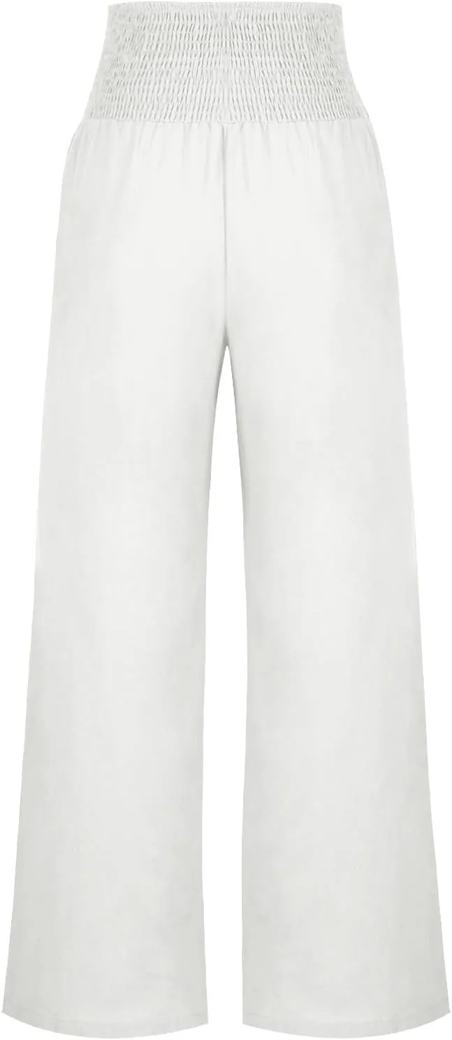 Wide Leg Pants Women Comfy Flowy Cotton and Linen Trousers Summer High Waisted Straight Palazzo Pants with Pockets 2024