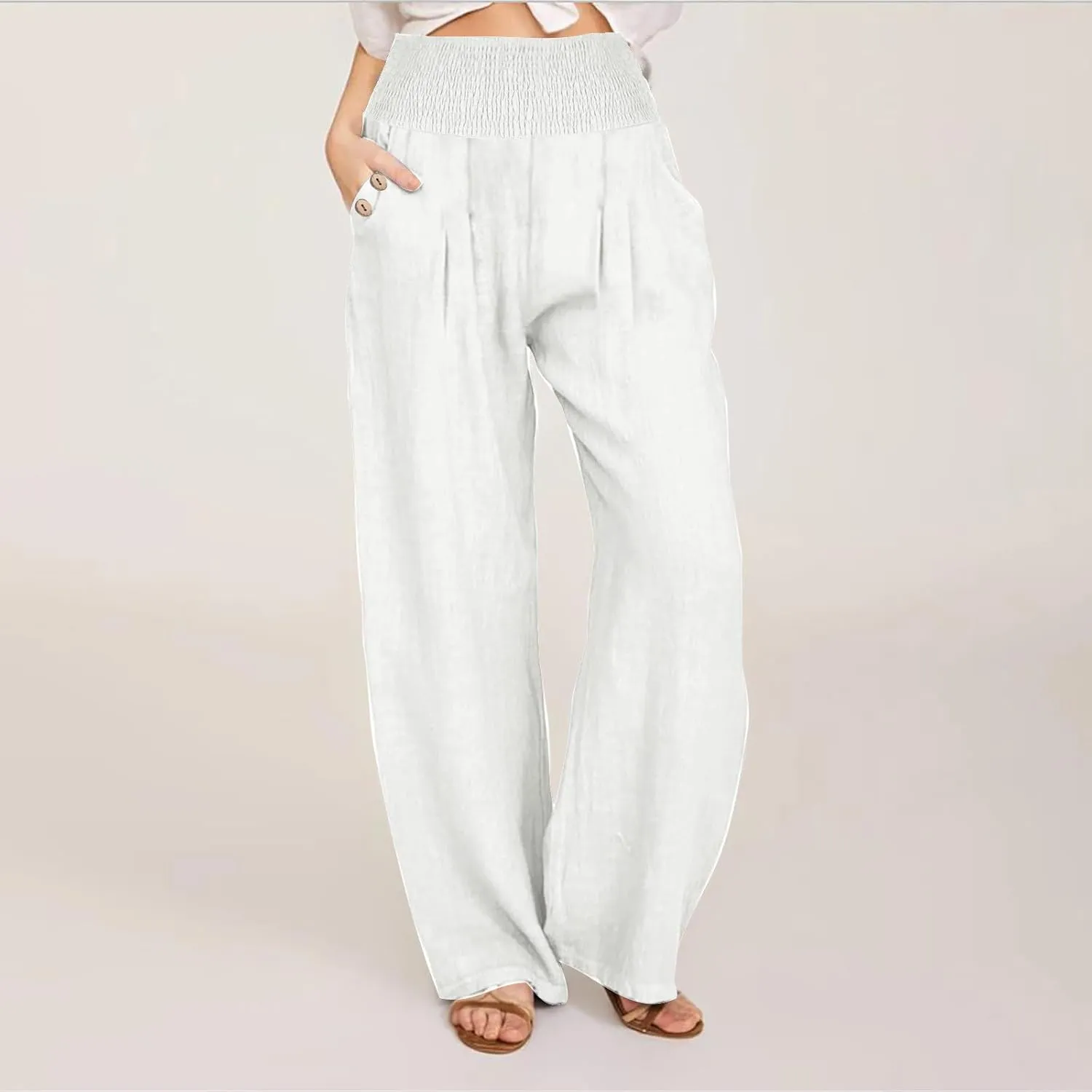 Wide Leg Pants Women Comfy Flowy Cotton and Linen Trousers Summer High Waisted Straight Palazzo Pants with Pockets 2024