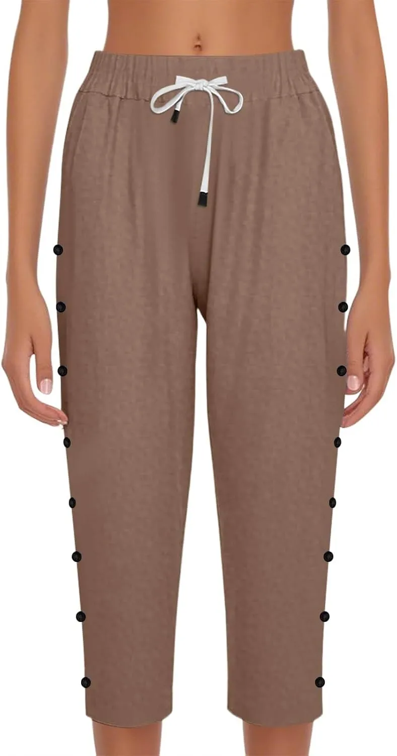 Women Capri Pants Casual Summer Wide Leg Cotton Linen Cropped Trouser with Pockets Elastic High Waisted Loose Capris