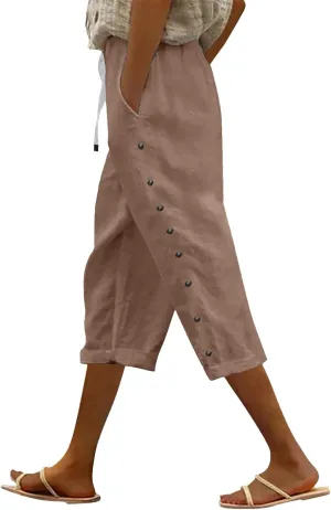 Women Capri Pants Casual Summer Wide Leg Cotton Linen Cropped Trouser with Pockets Elastic High Waisted Loose Capris