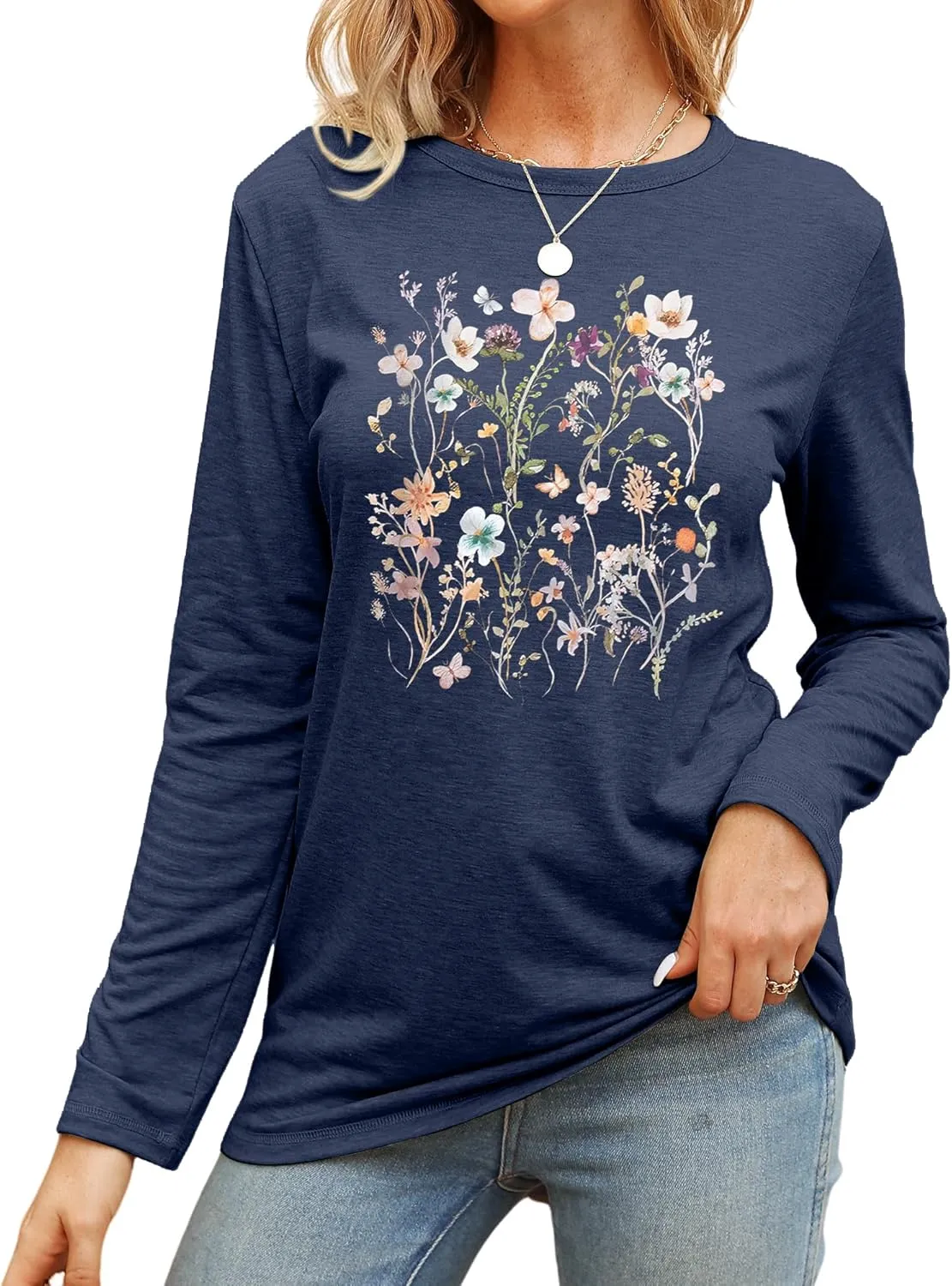 Women Flower Graphic Long Sleeve T Shirt Boho Floral Shirt Vintage Botanical Tee Wildflower Lover Tops
