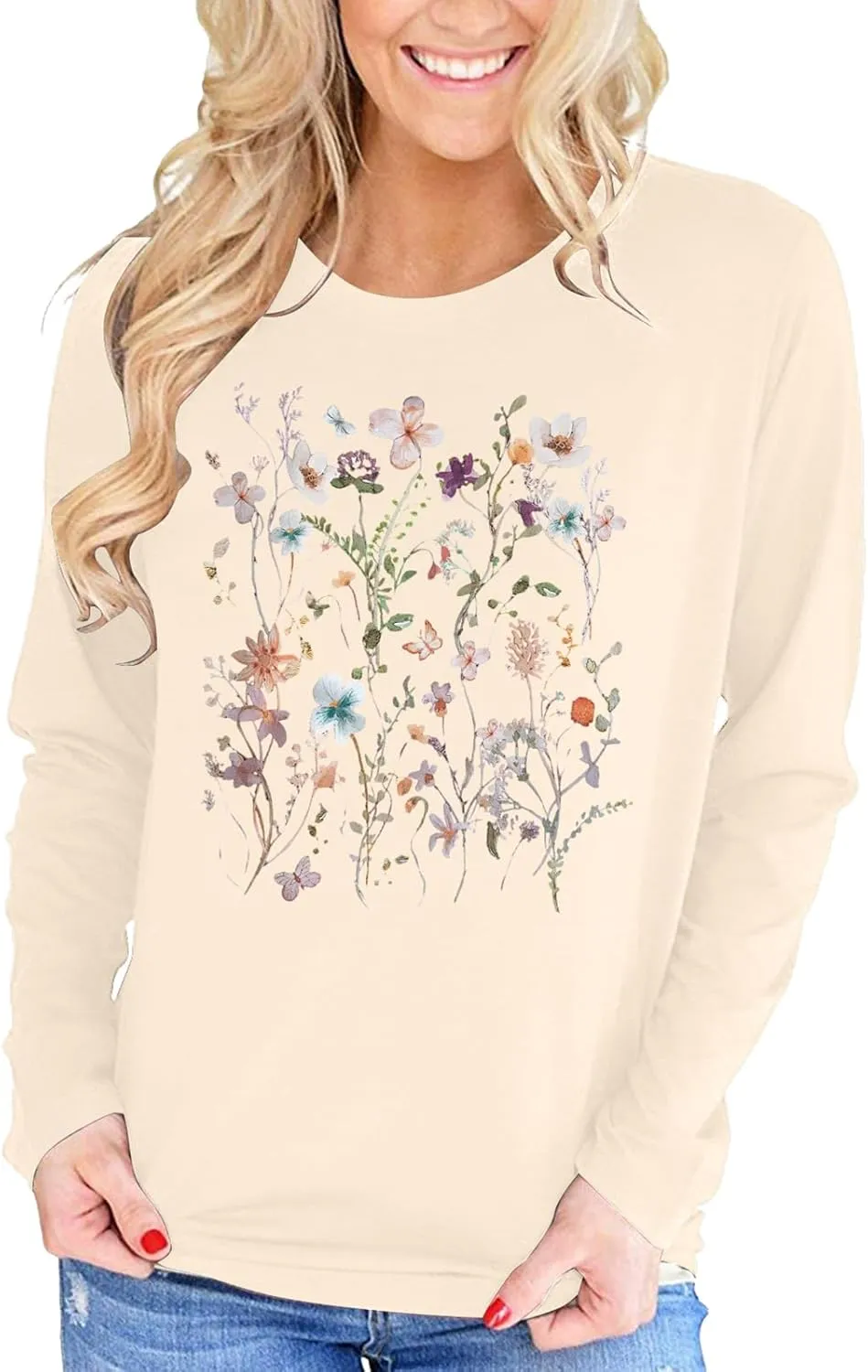 Women Flower Graphic Long Sleeve T Shirt Boho Floral Shirt Vintage Botanical Tee Wildflower Lover Tops