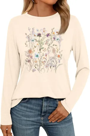 Women Flower Graphic Long Sleeve T Shirt Boho Floral Shirt Vintage Botanical Tee Wildflower Lover Tops
