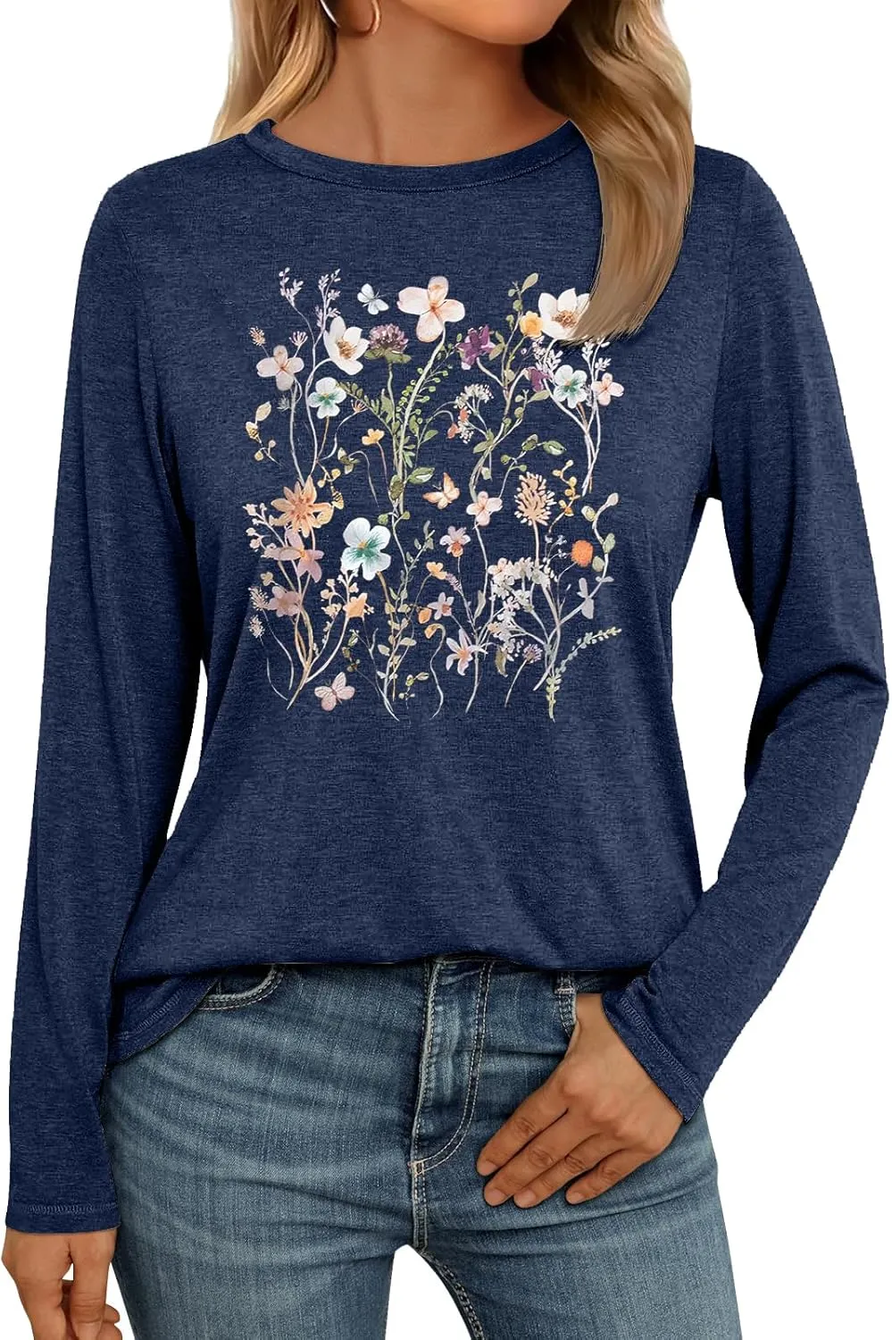 Women Flower Graphic Long Sleeve T Shirt Boho Floral Shirt Vintage Botanical Tee Wildflower Lover Tops