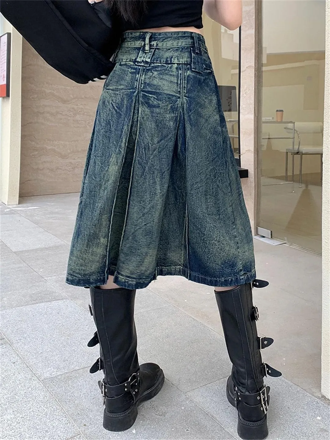 Women Jeans Skirts Summer High Waist A-Line Pleated Loose Casual Midi Denim Skirts