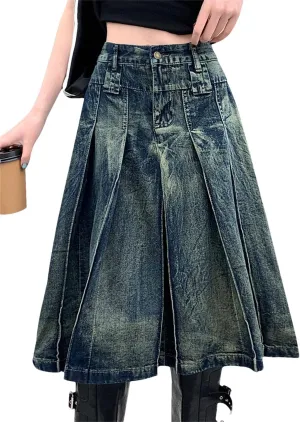 Women Jeans Skirts Summer High Waist A-Line Pleated Loose Casual Midi Denim Skirts