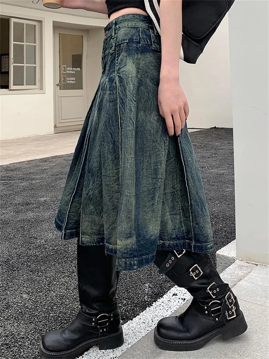 Women Jeans Skirts Summer High Waist A-Line Pleated Loose Casual Midi Denim Skirts