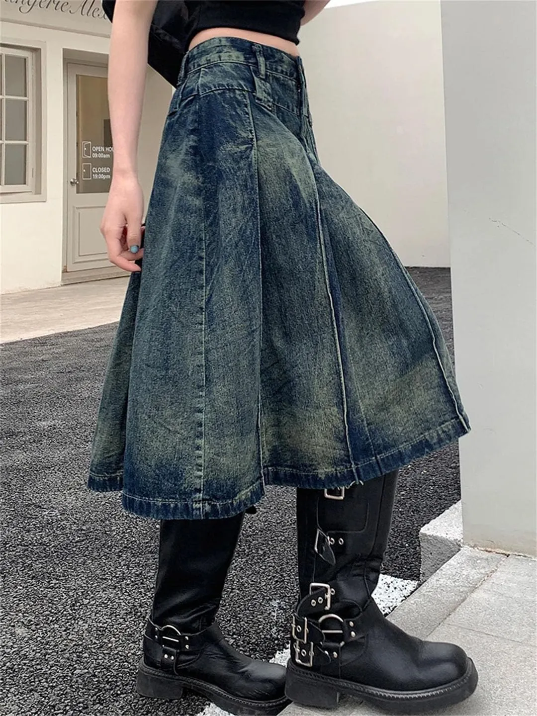 Women Jeans Skirts Summer High Waist A-Line Pleated Loose Casual Midi Denim Skirts