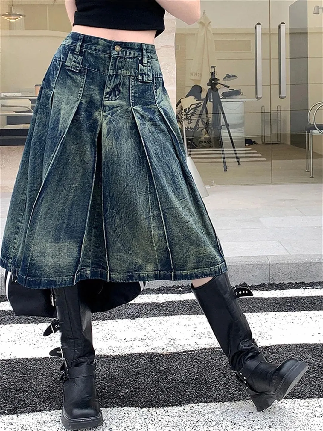 Women Jeans Skirts Summer High Waist A-Line Pleated Loose Casual Midi Denim Skirts
