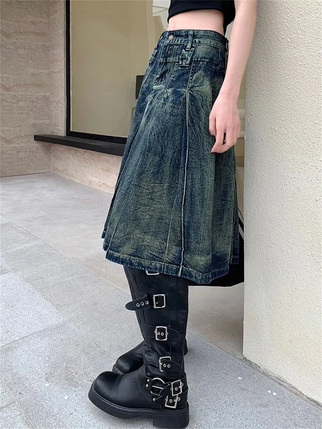 Women Jeans Skirts Summer High Waist A-Line Pleated Loose Casual Midi Denim Skirts