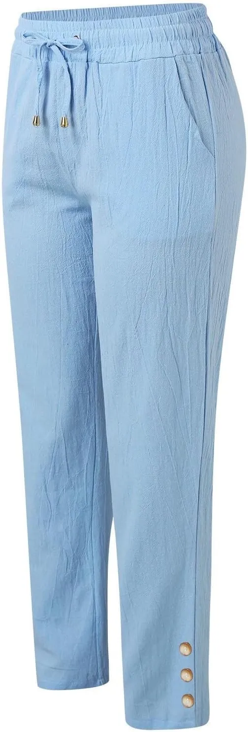 Women Linen Baggy Pants Summer Drawstring Casual Wide Leg Lounge Pant 2025 Beach Travel Vacation Clothes with Pockets