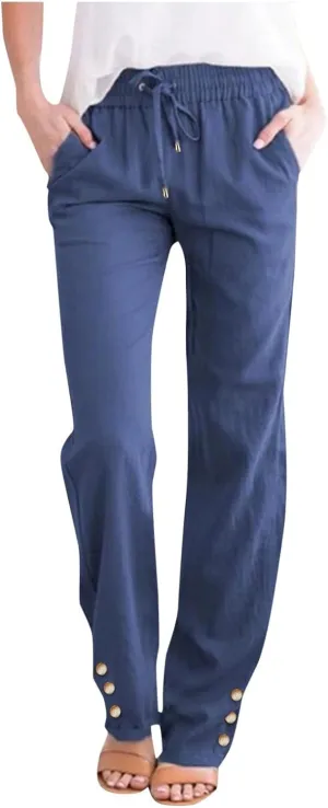 Women Linen Baggy Pants Summer Drawstring Casual Wide Leg Lounge Pant 2025 Beach Travel Vacation Clothes with Pockets
