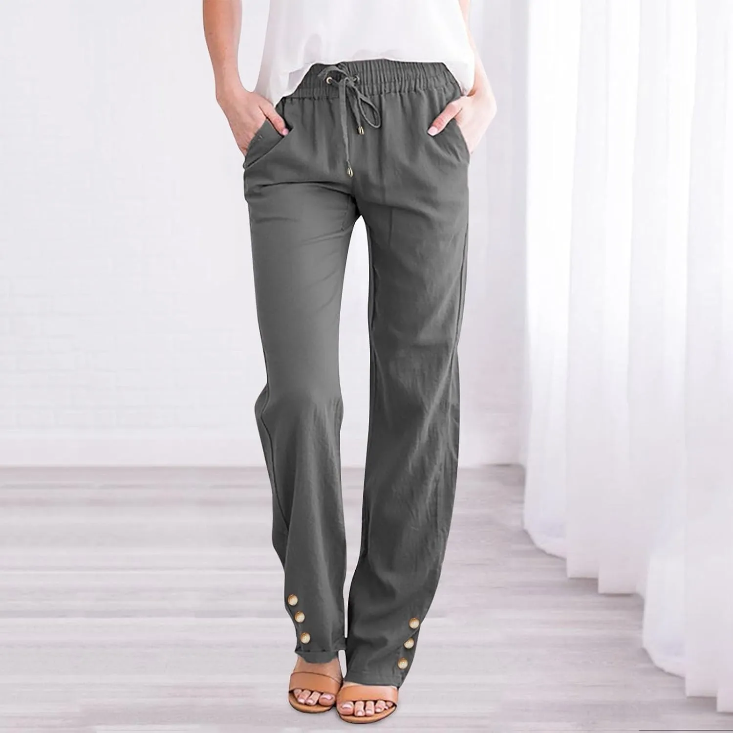Women Linen Baggy Pants Summer Drawstring Casual Wide Leg Lounge Pant 2025 Beach Travel Vacation Clothes with Pockets