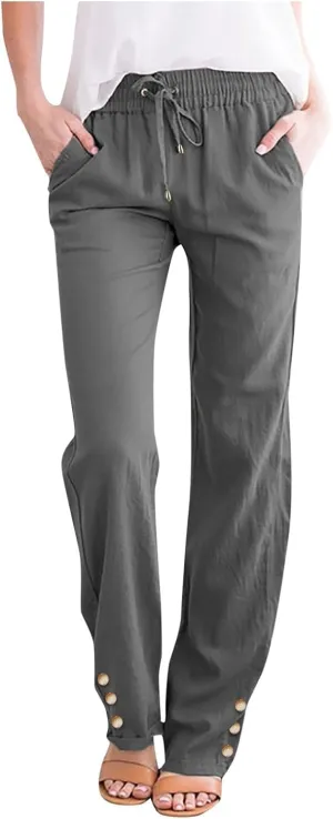 Women Linen Baggy Pants Summer Drawstring Casual Wide Leg Lounge Pant 2025 Beach Travel Vacation Clothes with Pockets