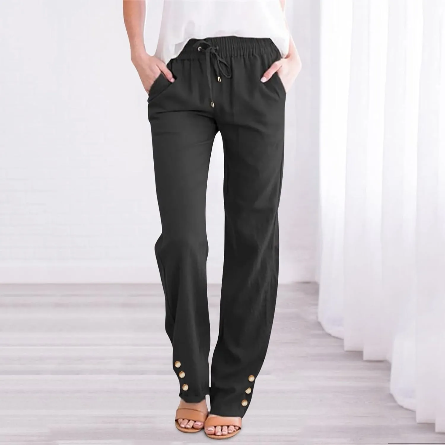 Women Linen Baggy Pants Summer Drawstring Casual Wide Leg Lounge Pant 2025 Beach Travel Vacation Clothes with Pockets